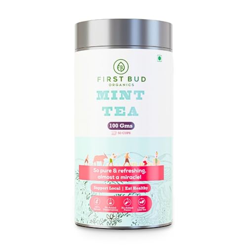 Image of First Bud Organics Mint Tea - 100gm | Refreshing, Soothing Herbal Blend | Pure Peppermint Leaves, Caffeine-Free | Digestive Health and Relaxation