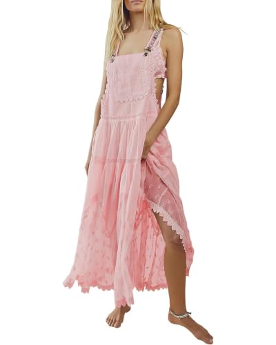 Image of ebossy Women's Laced Embroidered Tulle Bib Dress Casual Loose Adjustable Straps Maxi Dress