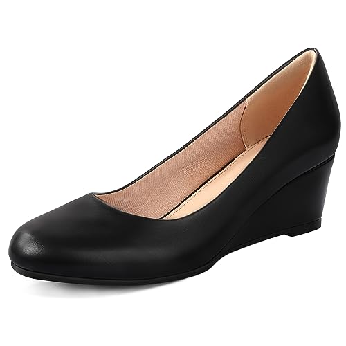 Image of Ankis Black Nude Silver Gold Wedges for Women, Low Heel Women's Wedge Comfortable Closed Toe Women Pumps Dress Shoes -2Inch
