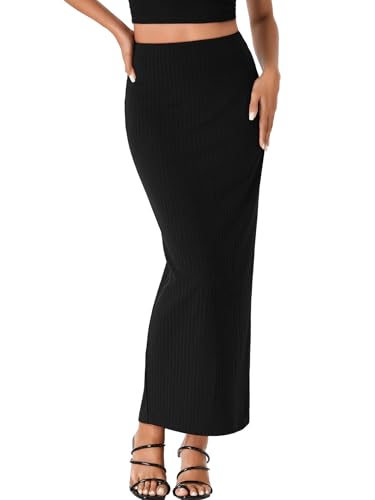 Rooscier Women's Bodycon Ribbed Knit Skirt Pencil Skirt Split Back Elastic High Waisted Maxi Long Skirt2
