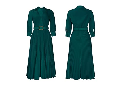 Image of Famnbro Womens Pleated Dress V Neck Long Sleeve A line Church Formal Works Business Dresses with Belt