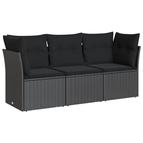 vidaXL Garten Sofa Garnitur 3-TLG., Gartenmöbel Set mit Kissen Stauraum, Sitzgruppe für Garten Terrasse, Modular Gartensofa Lounge, Schwarz Poly Rattan