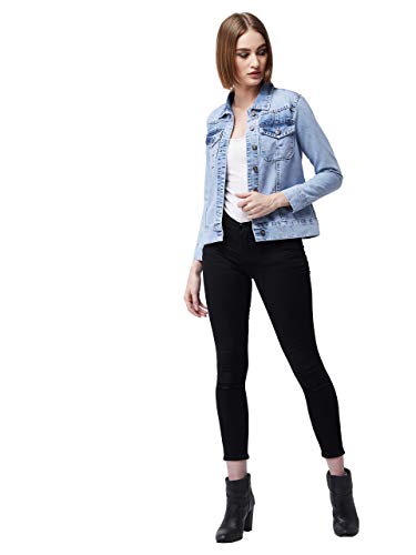 Image of Miss Chase Women's Cotton Blend Collared Full Sleeves Solid Buttoned Short Length Denim Jacket