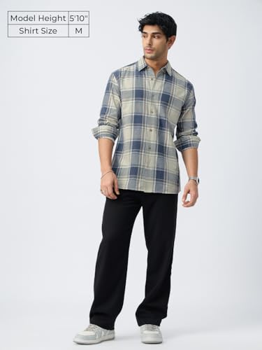Image of The Souled Store: Blue Sails Men and Boys Long Sleeve Collared Neck Button Front Blue and Cream Checked Embroidered Regular Fit Cotton Linen Shirt