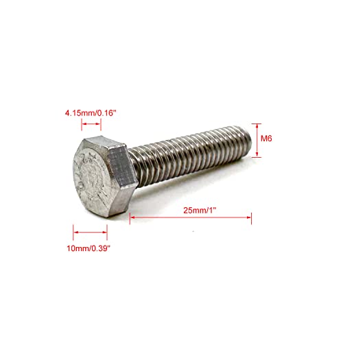 Image of M6 Hex Bolt, M6-1.0 x 25mm Hex Head Screw Bolts, 304 Stainless Steel, Fully Threaded, Plain Finish, Hex Tap Bolts 20Pcs (M6x25mm)