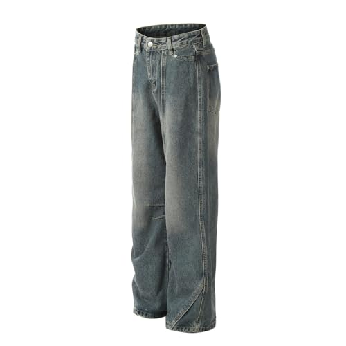 Jeans Pants Trouser Denim Retro Trendy Street Irregular Commuter Washed Blue Straight Leg for Men4
