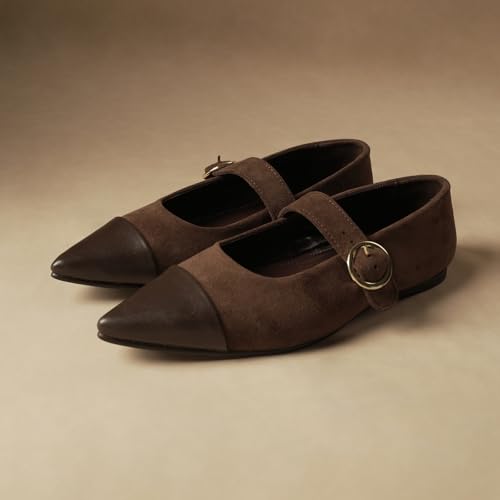 Image of Theater Hepburn Casual Ballet Flats for Women in Suede | Stylish Mary Jane Ballerina with Bow Detail | Lightweight Comfortable Footwear with Cushioned Insole