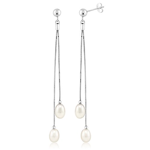 Gem Stone King Cultured Freshwater Pearl Drop Dangle Long Earrings For Women | 925 Sterling Silver | Pearl Size: 7-7.5MM | Length: 3 Inch | Fine Jewelry Gifts for Her Mom Women Wife