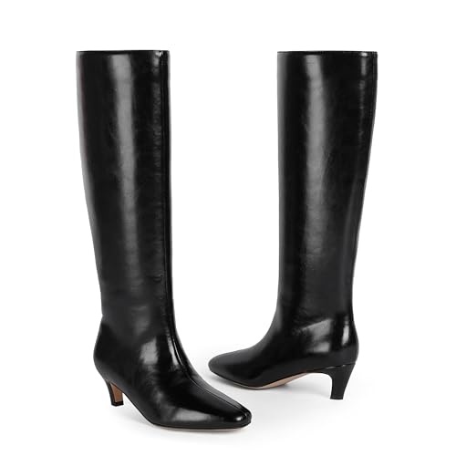 Image of Modatope Knee High Boots Women Square Toe Kitten Heel Tall Boots | Womens Low Heel Fashion Heeled Fall Boots, Dressy Tall Long Boots For Women
