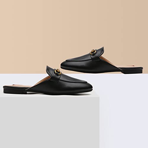 Cicomuin Buckle Black Mules For Women Flats Round Toe Slip On Backless Loafers Ladies Work Shoes Size 8.5 #TOP4
