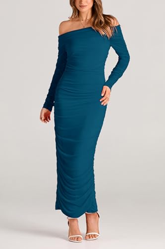 PRETTYGARDEN Women's Fall Off The Shoulder Maxi Dress Spring Long Sleeve Ruched Fitted Bodycon Club Dresses with Slit