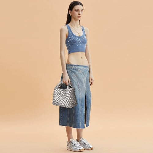 Image of Woven Tote Bag for Women with Coin Purse, Foldable Chain Small Crossbody Handbags, Fashion Shoulder Bag, Hobo Satchel