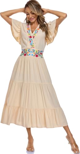 Image of Women's Summer Maxi Dress Casual Floral Embroidered Round Neck Short Sleeve Ruffle Tiered Dress Flowy Boho Beach Sundress