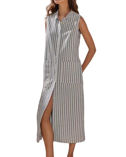 Image of Womens Spring Summer Button-Down Shirt Dress Cotton Striped Collared Tunics Sleeveless Tank Dress with Pocket