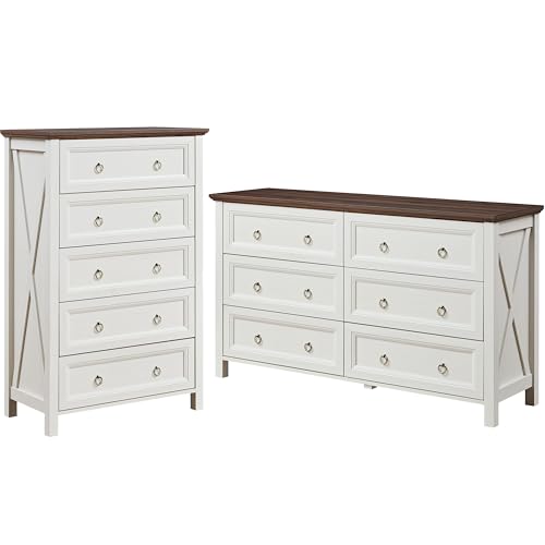 OKYCI Farmhouse Dresser Set for Bedroom,Includes Tall 5 Drawer Dressers & Double 6 Drawer Dresser, Antique White