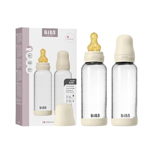 BIBS Baby Glass Bottle 2-Pack 240ml. Anti-Colic. Vented Round Natural Rubber Latex Nipple. Supports Natural Breastfeeding, Complete Set - 240 ml (Pack of 2), Ivory