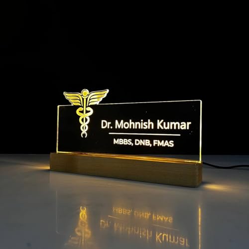 Image of Wood, Acrylic Customized LED Name Plate for Office Desk Table Name Signage Birthday Gift For Doctor Medical Professionals Surgeon Pediatrician Pharmacist Size (10 x 6 inch) (For Doctor), Clear