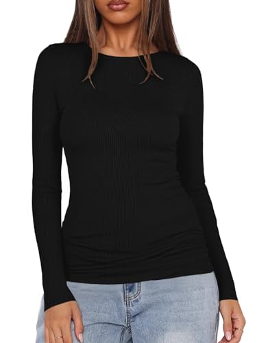 QUALFORT Women's Long Sleeve Shirts Ribbed Knit Tops Slim Fit Crewneck Basic Tee 2025 Casual T-Shirt Going Out Fall Outfits3