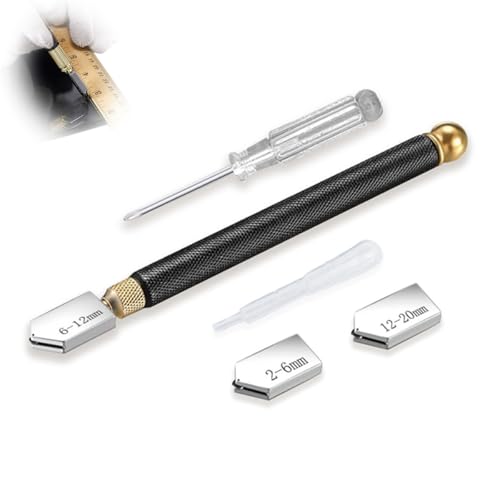 Glass Cutter Kit, 5 Pcs Professional Glass Cutting Tool with Replaceable 3 Carbide 2mm-20mm Cutting Heads, Upgrade Pencil Style Oil Feed Carbide Tip for Ceramic Tiles Bottles Mosaic DIY Crafts Mirrors