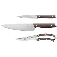 Berghoff RON 18/10 Stainless Steel Blade 3pc Cutlery Set Crack-resistant Ergonomically Designed Safe Grip Wood Hollow Handle Sharp & Well Balanced Lightweight Satin Finish