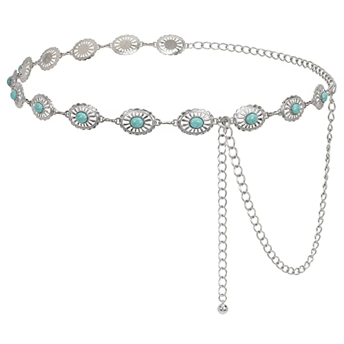 LEACOOLKEY Women Western Boho Chain Belt Country Concho Cowgirl Turquoise Chain Belt,silver