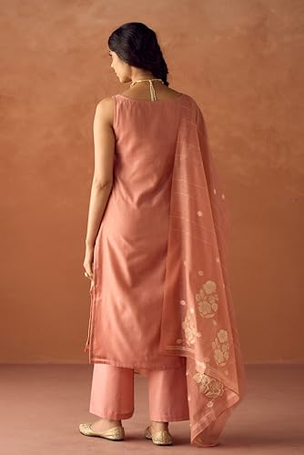 Image of FIORRA Women Peach Cotton Jacquard Woven Kurta Set with Dupatta