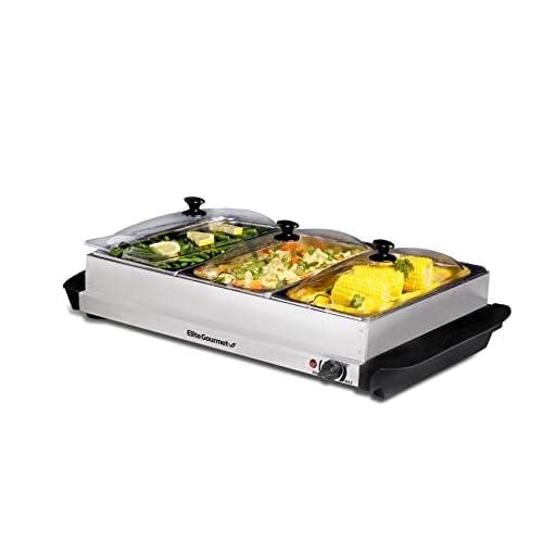 Elite Gourmet EWM-6171 Triple 3 x 2.5 Qt. Trays, Buffet Server, Food Warmer Temperature Control, Clear Slotted Lids, Perfect for Parties, Entertaining & Holidays, 7.5 Qt Total, Stainless Steel