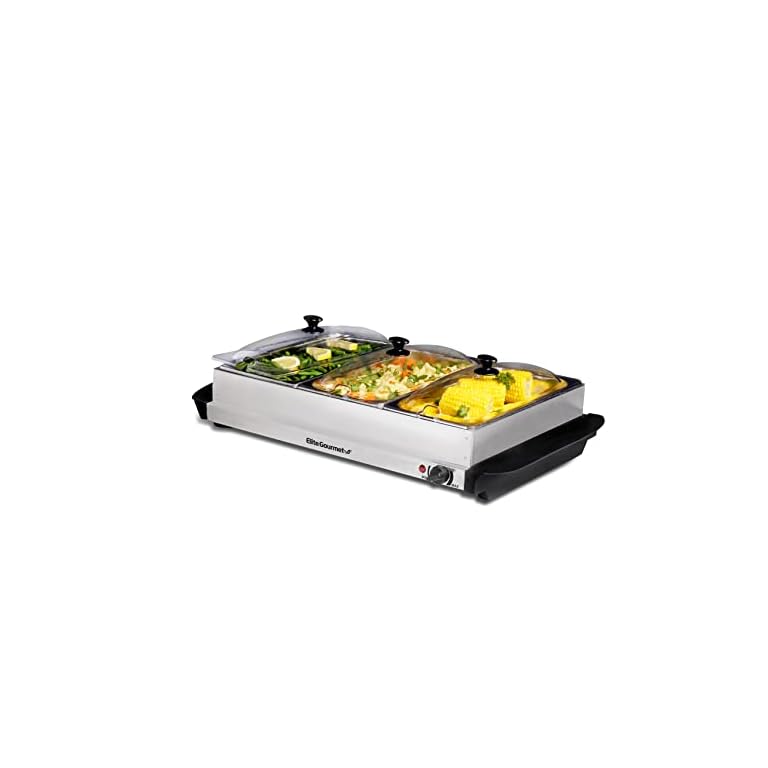 Elite Gourmet EWM-6171 Triple 3 x 2.5 Qt. Trays, Buffet Server, Food Warmer Temperature Control, Clear Slotted Lids, Perfect for Parties, Entertaining & Holidays, 7.5 Qt Total, Stainless Steel