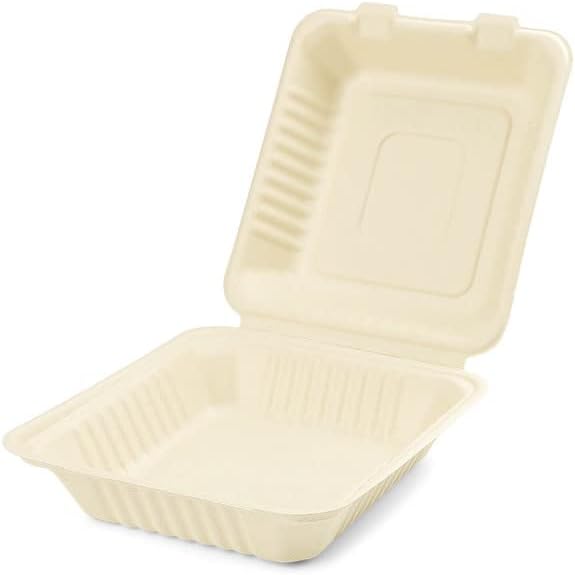 Miniatura 5 de Paquete de 50 recipientes de alimentos 100% compostables de 8 x 8 pulgadas, para llevar, calidad resistente, bagazo desechable natural,