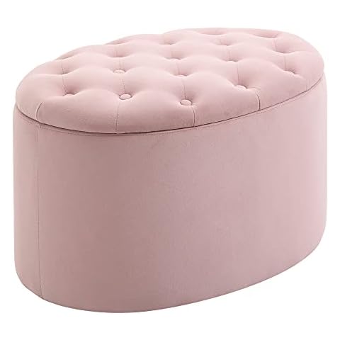 HOMCOM Sitzbank Polsterbank mit Stauraum Truhenbank Ovale Form Flur Schlafzimmer Wohnzimmer samtartiges Polyester Rosa 71 x 52 x 42 cm Cover