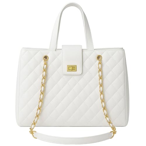 Bolsa acolchoada para laptop feminina, bolsa de ombro de couro PU de 39.6 cm, bolsa de ombro para negócios, escritório, mensageiro, bolsa casual (branca)