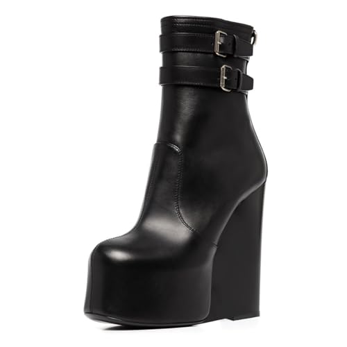FSJ Women Platform Ankle Boots Round Toe Wedge High Heel Punk Booties Ankle Buckled Strappy Side Zipper Fashion Party Shoes Size 4-16 US2
