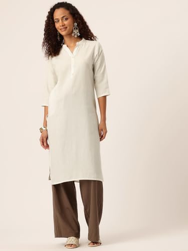 Image of feranoid Women's Plain Cotton Kurta with Mandarin Collar, 3 /4 Sleeves & Pocket