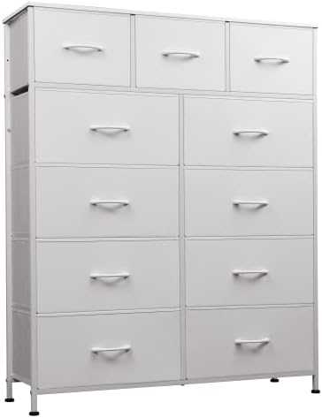 WLIVE 11-Drawer Dresser, Fabric Storage Tower for Bedroom, Hallway, Nursery, Closets, Tall Chest Organizer Unit with Textured Print Fabric Bins, Steel Frame, Wood Top, Easy Pull Handle,White