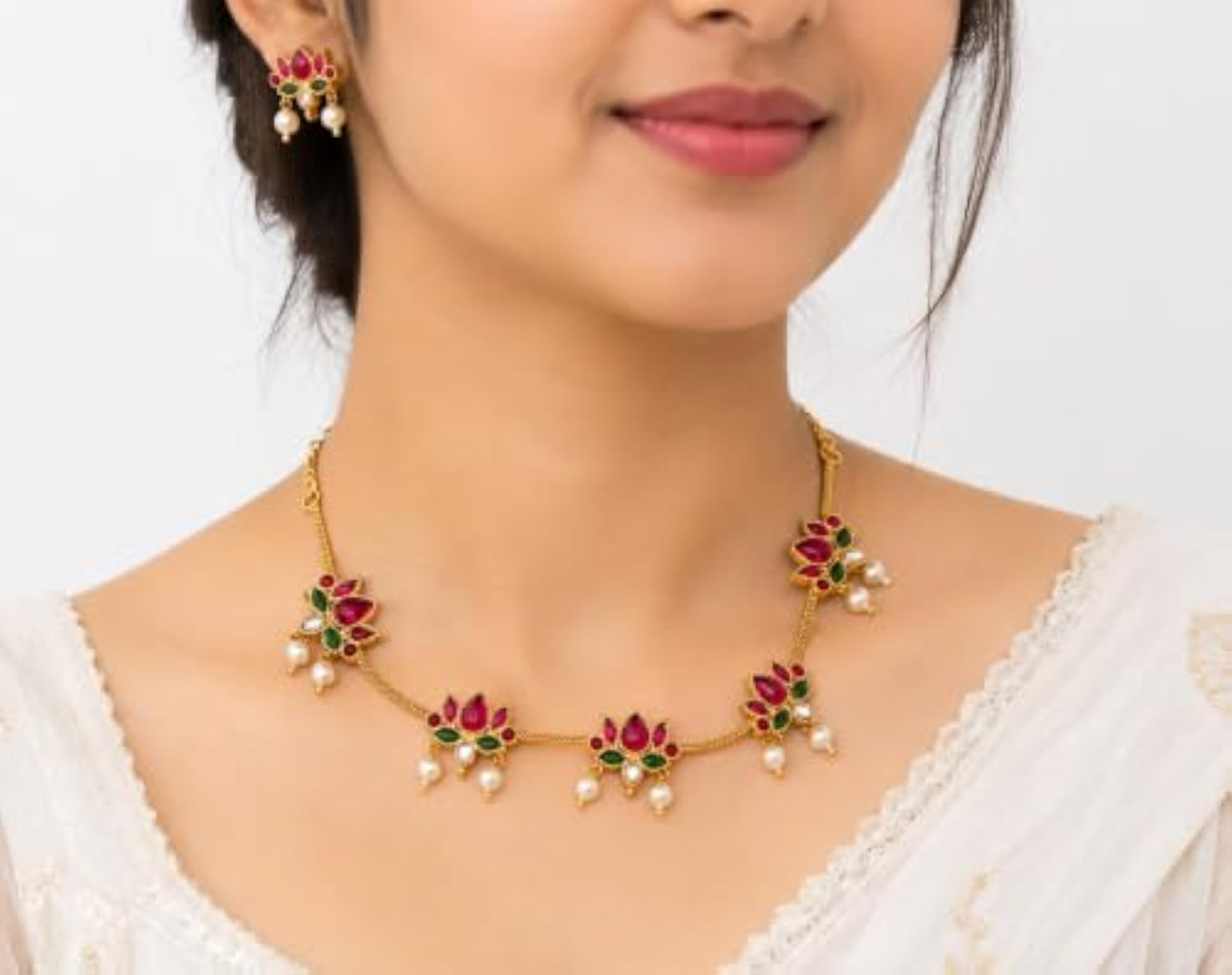 Women's Lotus Design Necklace and Earrings Set, Ethnic Jewellery