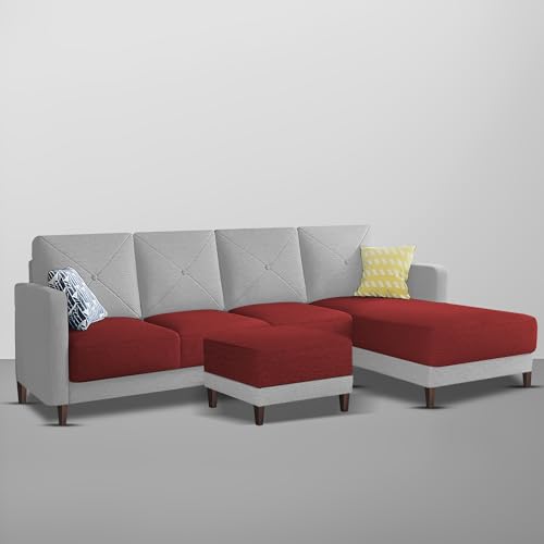 Image of Baloney RHS 6 Seater L Shape Sofa Set with Center Table for Living Room (Maroon Grey Fabric) Premium Fabric Sofa