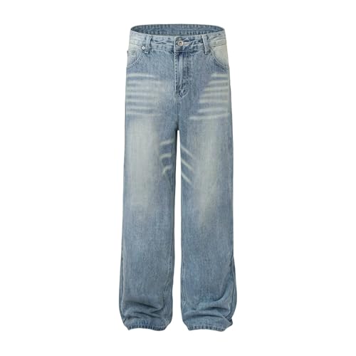 Jeans Pants Trousers Denim Retro Trendy Washed Blue Straight Leg Mid Waist Loose for Men