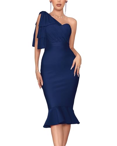 Image of houstil Women's One Shoulder Fishtail Wedding Guest Bandage Dress Mesh Midi Graduation Bodycon Party Club Dresses