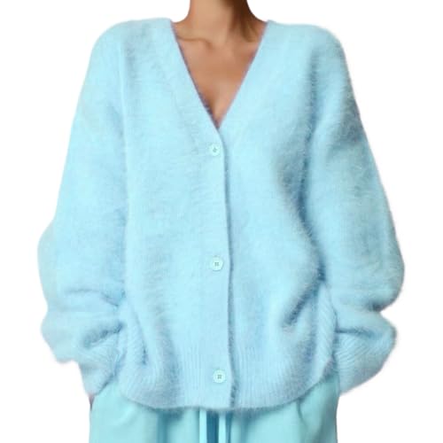 Image of Womens Fuzzy Sweaters Cardigan V-Neck Button Down Oversized Mohair Sweater Casual Y2k 2026 Fall Winter