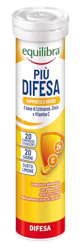 equilibra Integratori Alimentari, Più Difesa, Integratore per la Normale Funzione del Sistema Immunitario, con Echinacea, Zinco e Vitamina C, Gusto Limone, 20 Compresse Effervescenti