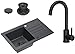 Produktbild VBChome Spülbecken Granit Schwarz mit Armatur 70 x 44 cm Einzelbecken Einbauspüle Gesprenkelt Reversibel Granitspüle Schwarz Siphon Waschbecken Mattschwarze Armatur