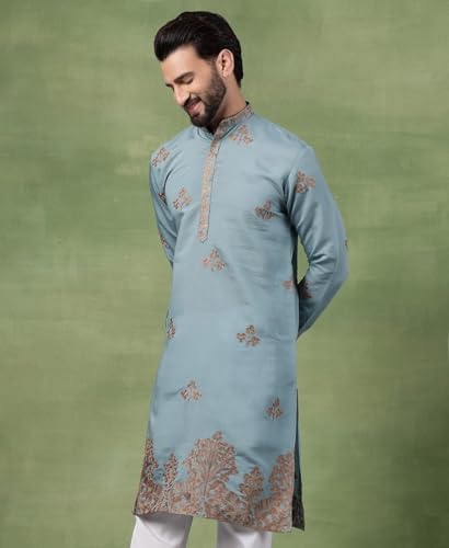 Image of SOJANYA (Since 1958 Men's Cotton Contrast Coffee Thread Embroidered Long Kurta