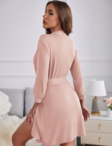 Image of Ekouaer Women's Robes Lightweight 3 /4 Sleeve Short Knit Bathrobe Soft Knee Length Sleepwear Robes with Pockets S-XXL