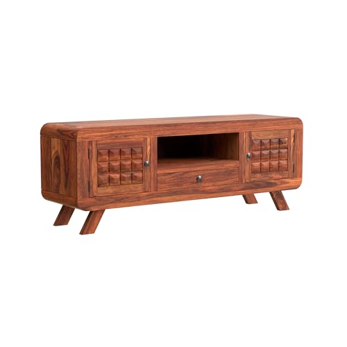 Image of Sheesham Wood Entertainment Tv Unit for Living Room | Free Standing Media Console Movable Tv Cabinet Sideboard | Tv Table Side Board with 2 Doors, 1 Drawer & Open Shelf Storage | Honey