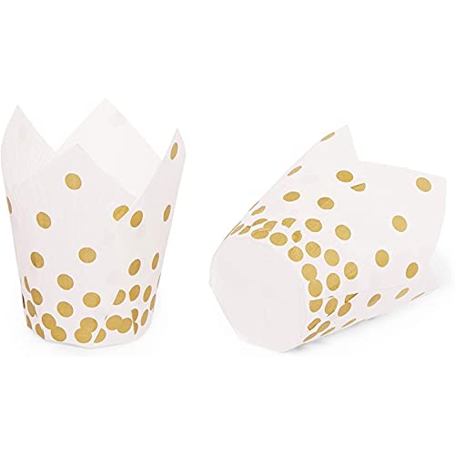 150 Pack Gold Polka Dot Muffin And Tulip Cupcake Liners For Baking And Decor (White, 3.35 X 3.5 Inches) #TOP6