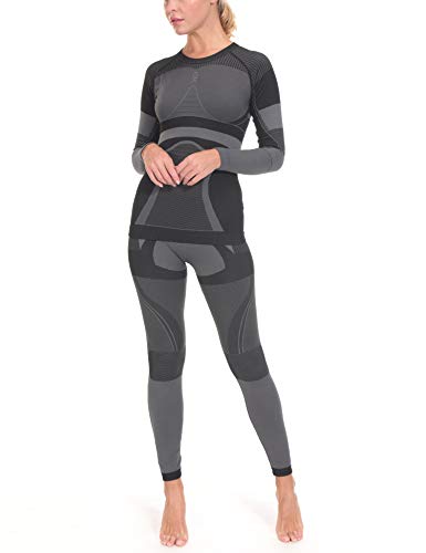 Little Donkey Andy Women's Soft Thermal Underwear Long Johns Set, Winter Warm Knit Compression Baselayer Skiing Top & Bottom Black Gray Size M