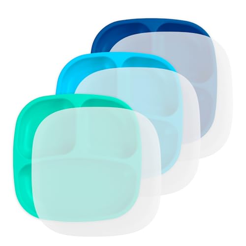 Image of Re-Play Divided Toddler Plates Set of 3 - Deep-Walled 3 Compartment Kids Plates for Picky Eaters - Dishwasher & Microwave Safe - BPA-Free - Made in USA, A True Blue