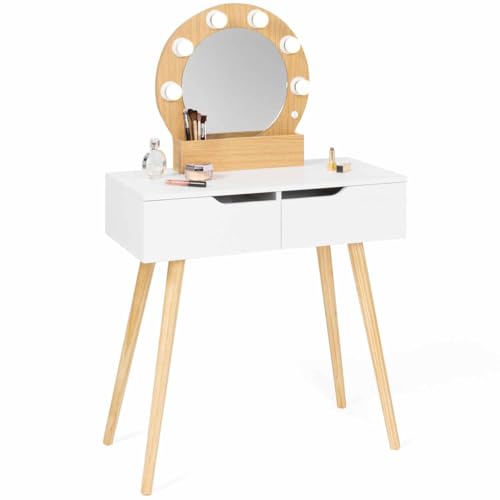 IDMarket - Tocador escandinavo con 2 cajones Horia, madera y blanco, con espejo LED