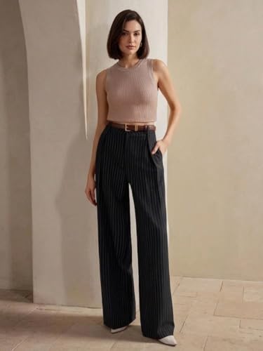 Image of KOTTY Women's Tailored Wide Leg Pinstripe Pants - High Waisted Straight Fit Work Trousers with Pockets, Elegant Office & Business Casual Wear