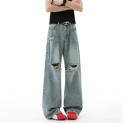 Men's Denim Ripped Pants, Summer Baggy, Solid Color Straight Loose Fit Jeans, Stylish Trousers4